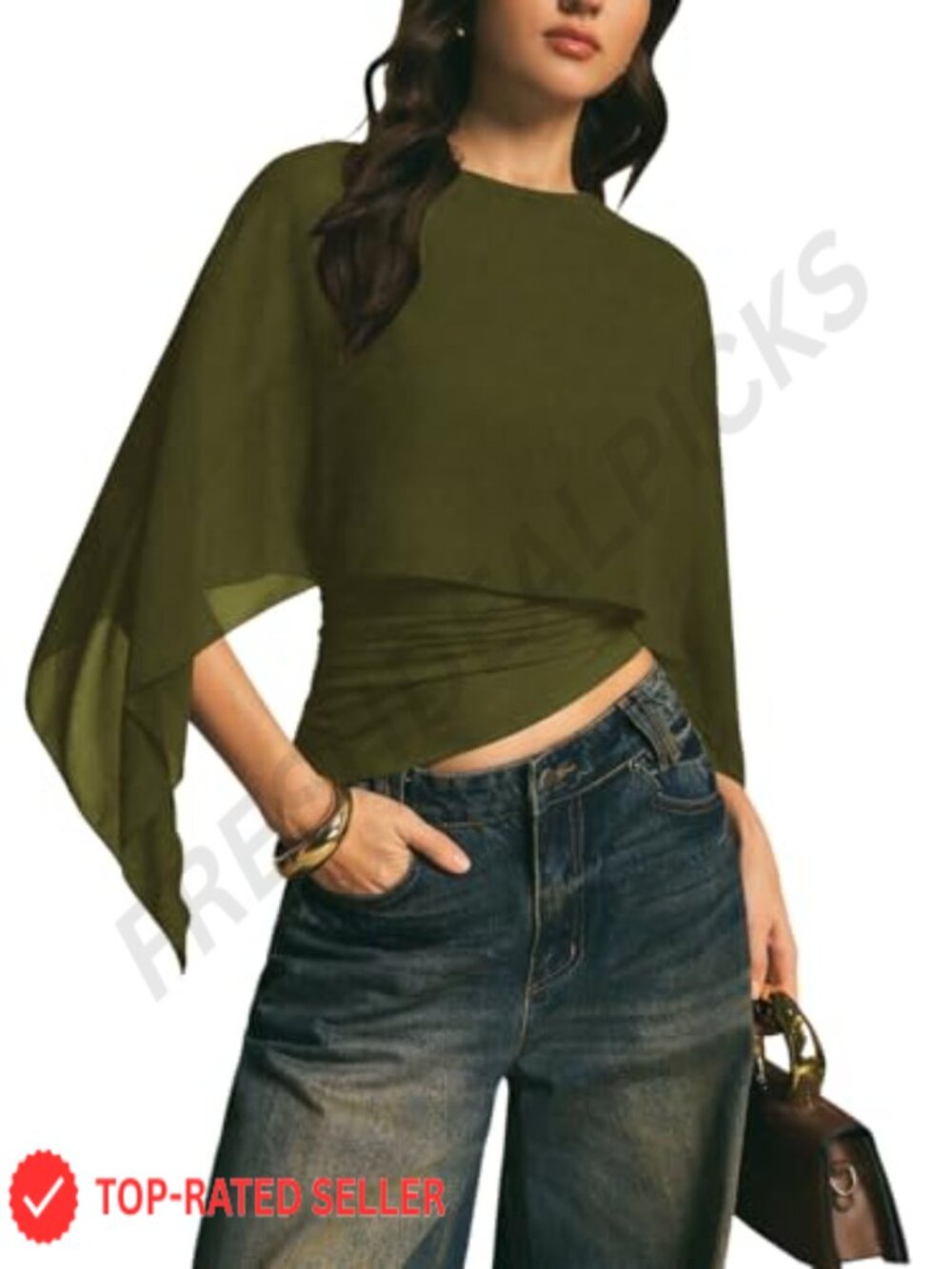 Chiffon Cape Top Asymmetrical Poncho 3/4 Sleeve Blouse